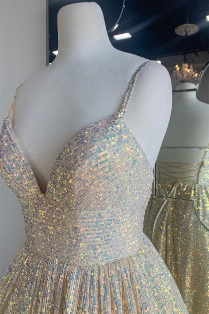 A Line V-Neck Prom Dress  Spaghetti-Straps Sparkle With Appliques
