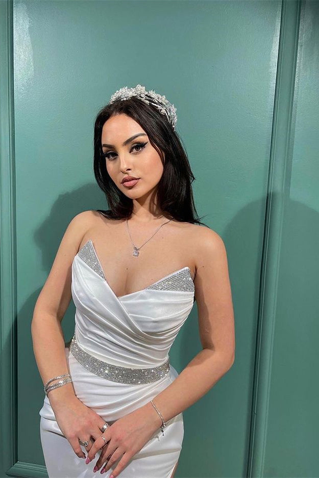 Spaghetti-Straps V-Neck White Split Mermaid Evening Dress With Sequins