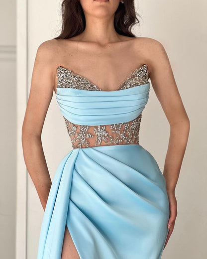 Modern Sky Blue Strapless Mermaid Prom Dress Slit With Beads