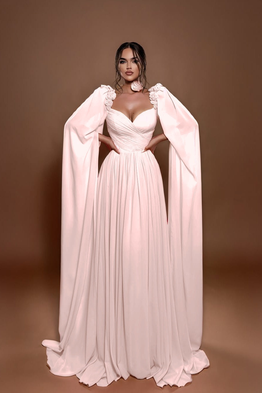Chic A Line Sleeveless Long Pleated Prom Dress With Shoulder Cape