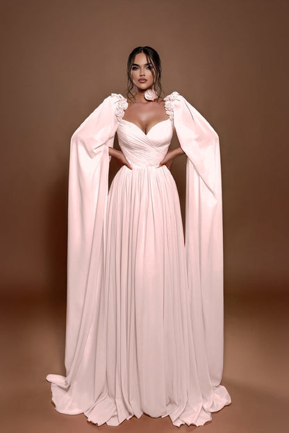Chic A Line Sleeveless Long Pleated Prom Dress With Shoulder Cape