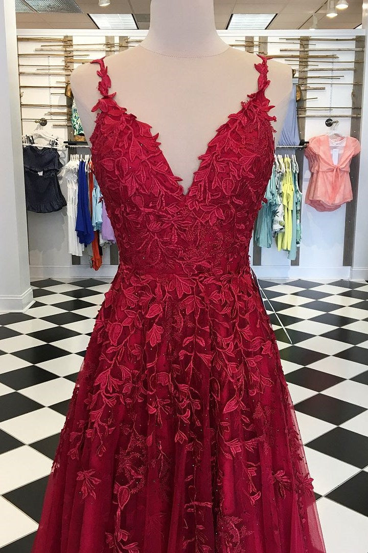 Elegant Spaghetti-Straps A Line Prom Dress V Neck Tulle With Appliques