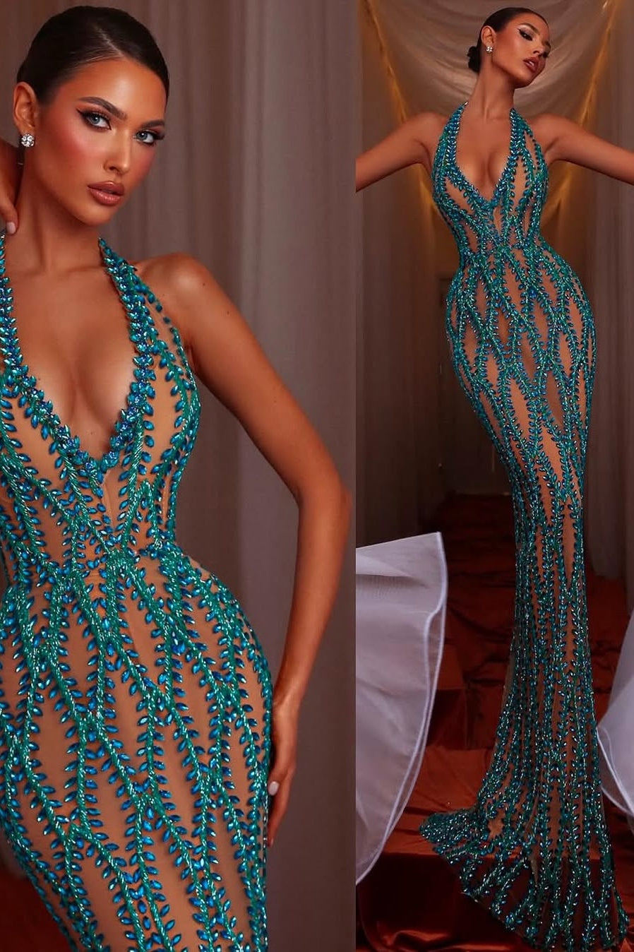 Sexy Sleeveless Deep V-Neck Halter Straps Mermaid Beads Prom Dress