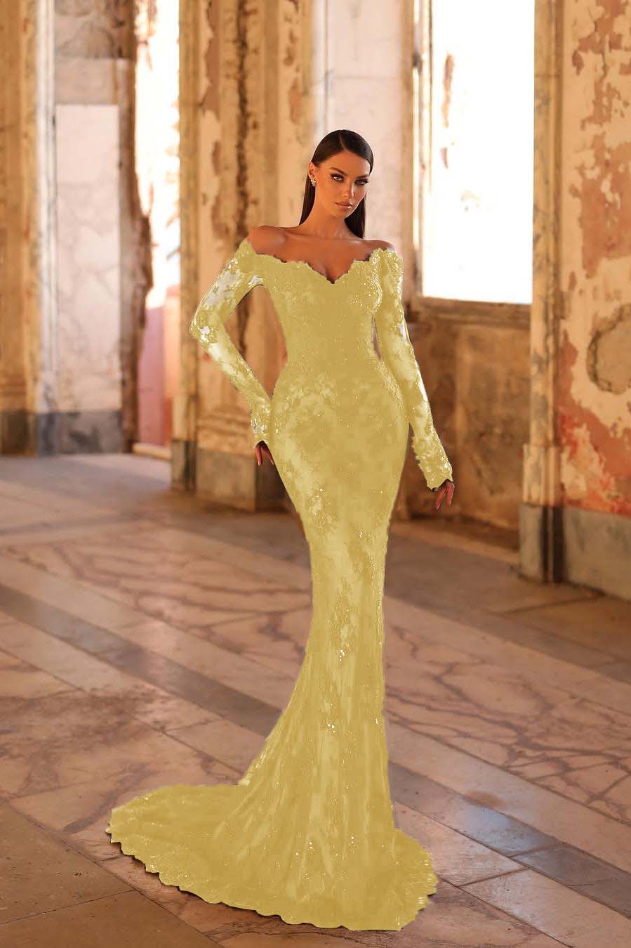 Elegant Black Lace Long Sleeves Off the Shoulder Mermaid Long Prom Dress with Beadings