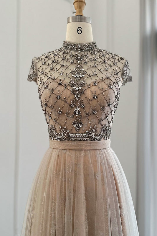 Champagne Jewel Neck A Line Prom Dress Tulle Diamond-Studded