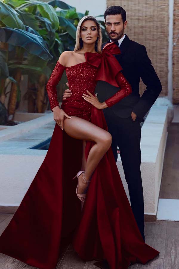 Long Sleeves Bowknot Burgundy Sequins Mermaid Prom Dress With Split