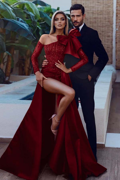 Long Sleeves Bowknot Burgundy Sequins Mermaid Prom Dress With Split