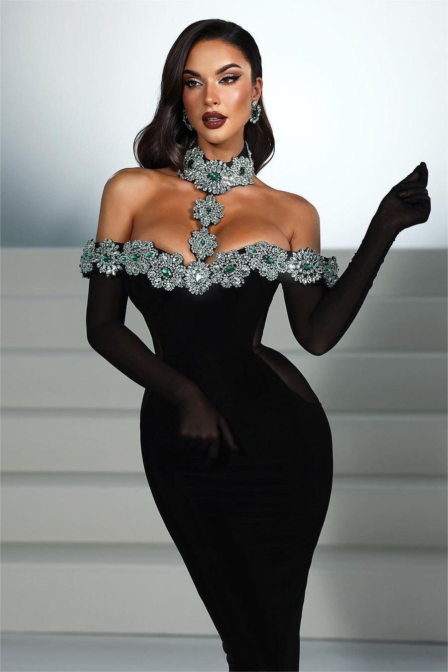 Charming Black Satin Long Sleeves Off the Shoulder Prom Dress with Beadings