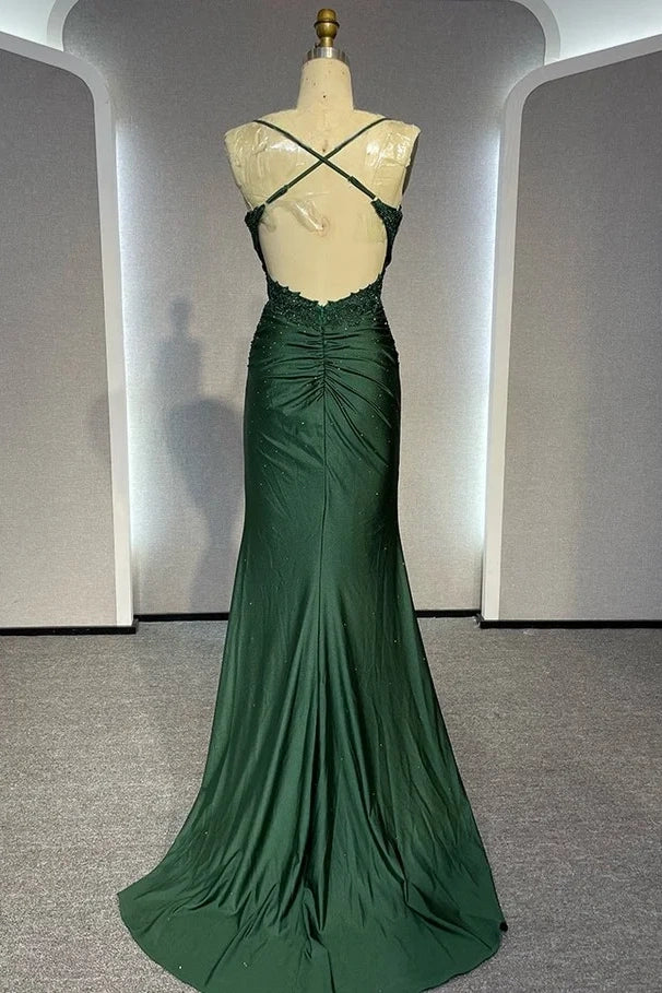 Dark Green Sleeveless Spaghetti Straps Square Lace Prom Dress