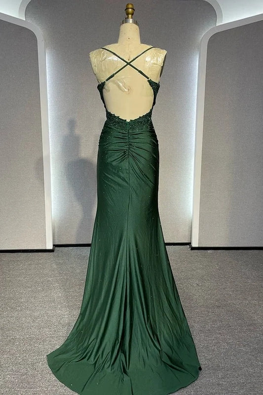Dark Green Sleeveless Spaghetti Straps Square Lace Prom Dress