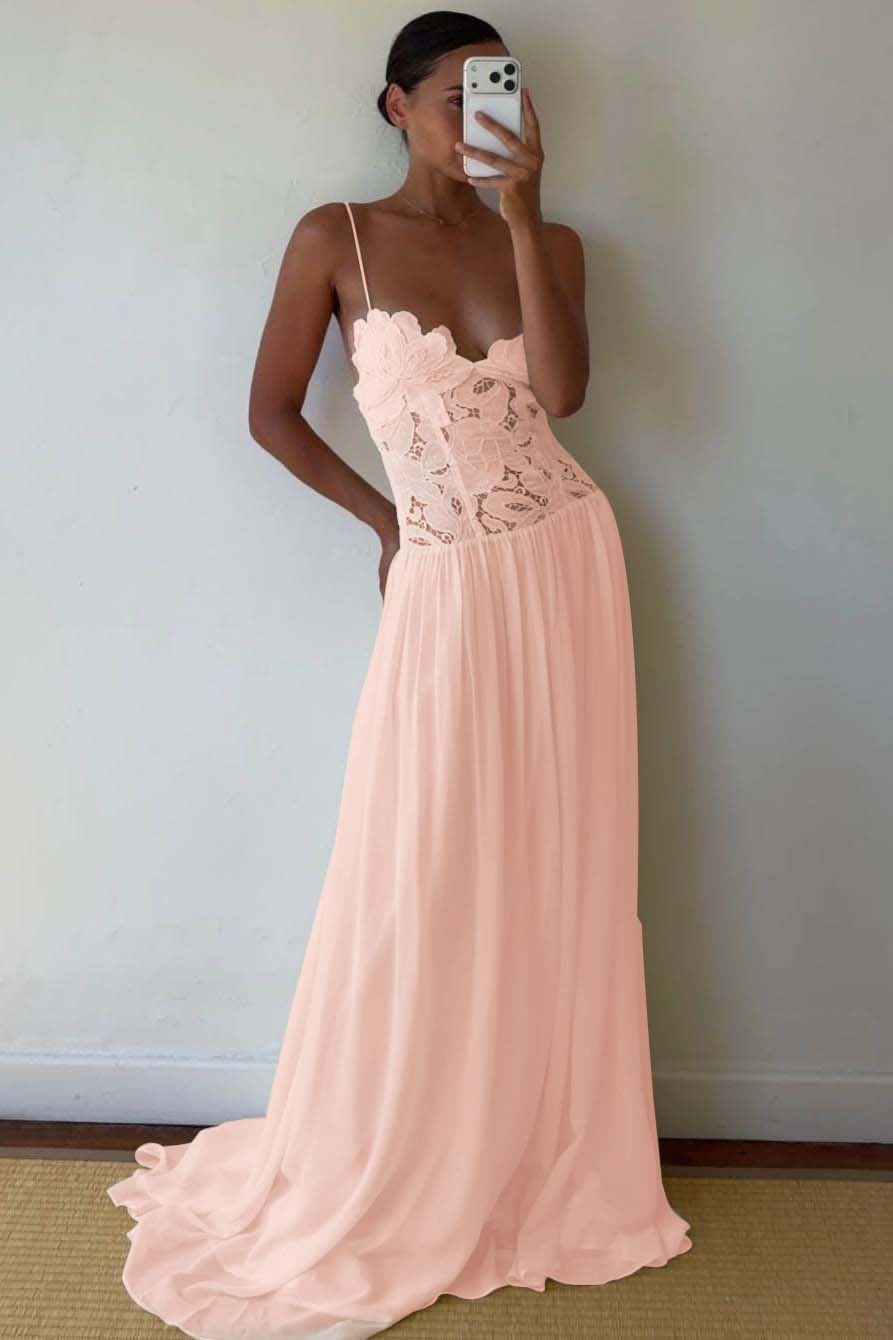 Lace And Chiffon V-Neck Spaghetti Straps Long A-Line Evening Dress With Pleated
