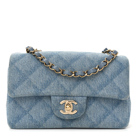 Printed Denim Quilted Mini Rectangular Flap Light Blue