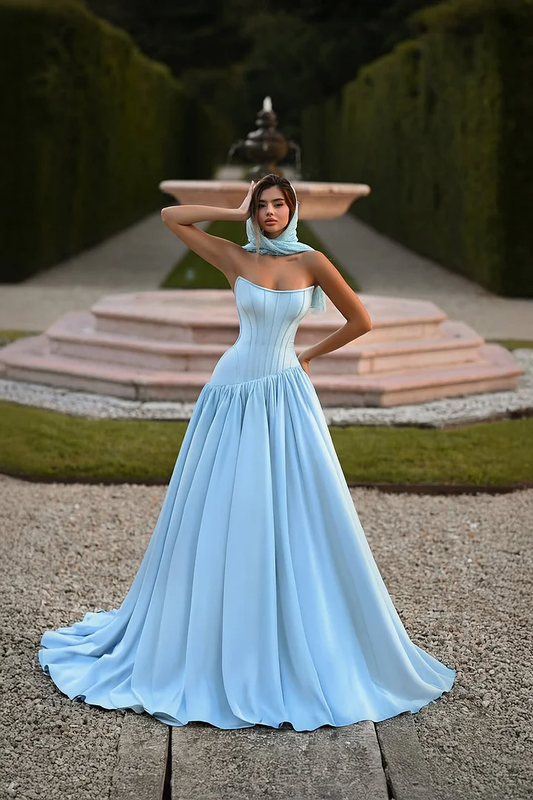 Sky Blue Sleeveless Square A Line Prom Dress With Pleated