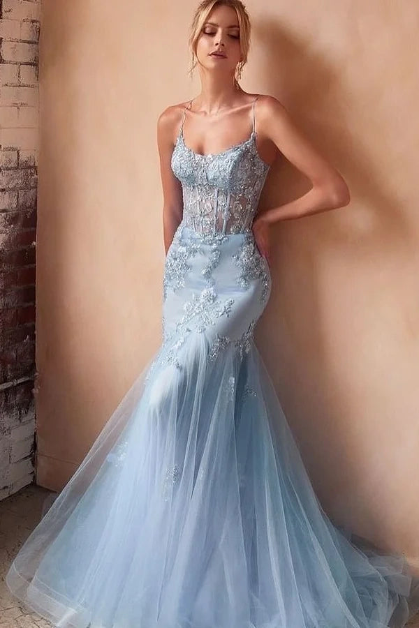 Baby Blue Sleeveless Spaghetti Strap Embroidery Mermaid Prom Dress