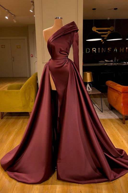 One Shoulder Slit Long Sleeves Prom Dress Overskirt