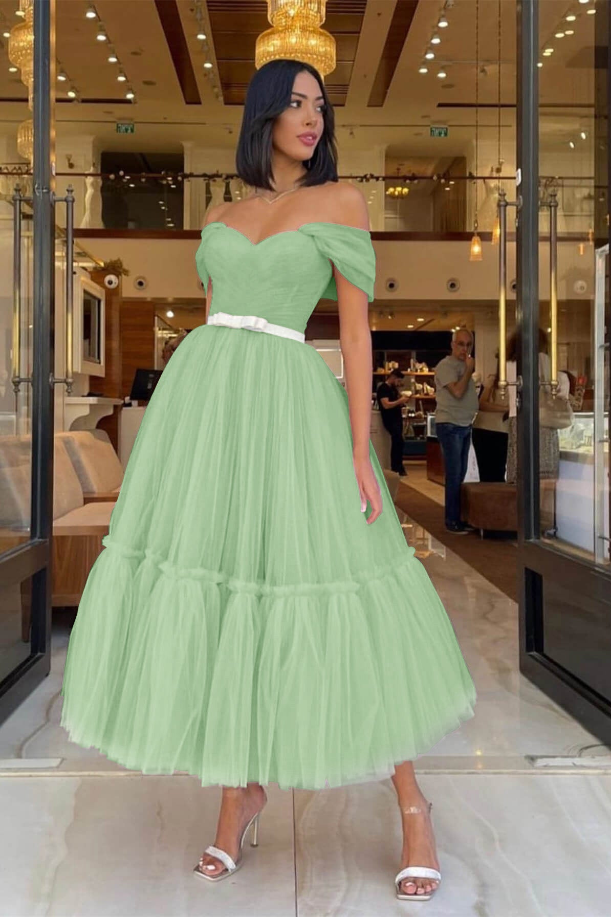 Light Pink Off-The-Shoulder Tulle Prom Dress With Belts Sweetheart