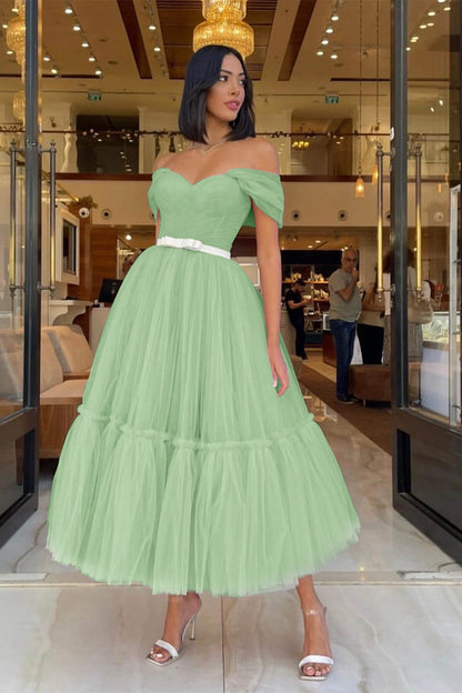 Light Pink Off-The-Shoulder Tulle Prom Dress With Belts Sweetheart