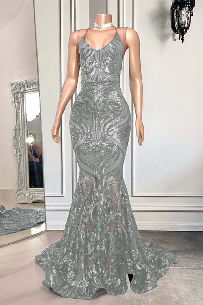 Mermaid Spaghetti-Straps Royal Blue Long Prom Dress With Sequins