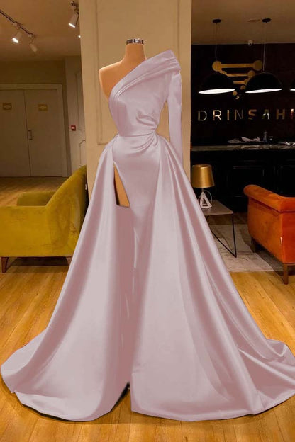 One Shoulder Slit Long Sleeves Prom Dress Overskirt