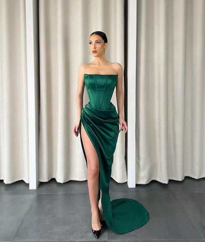 Dark Green Strapless Slit Sleeveless Long Mermaid Prom Dress