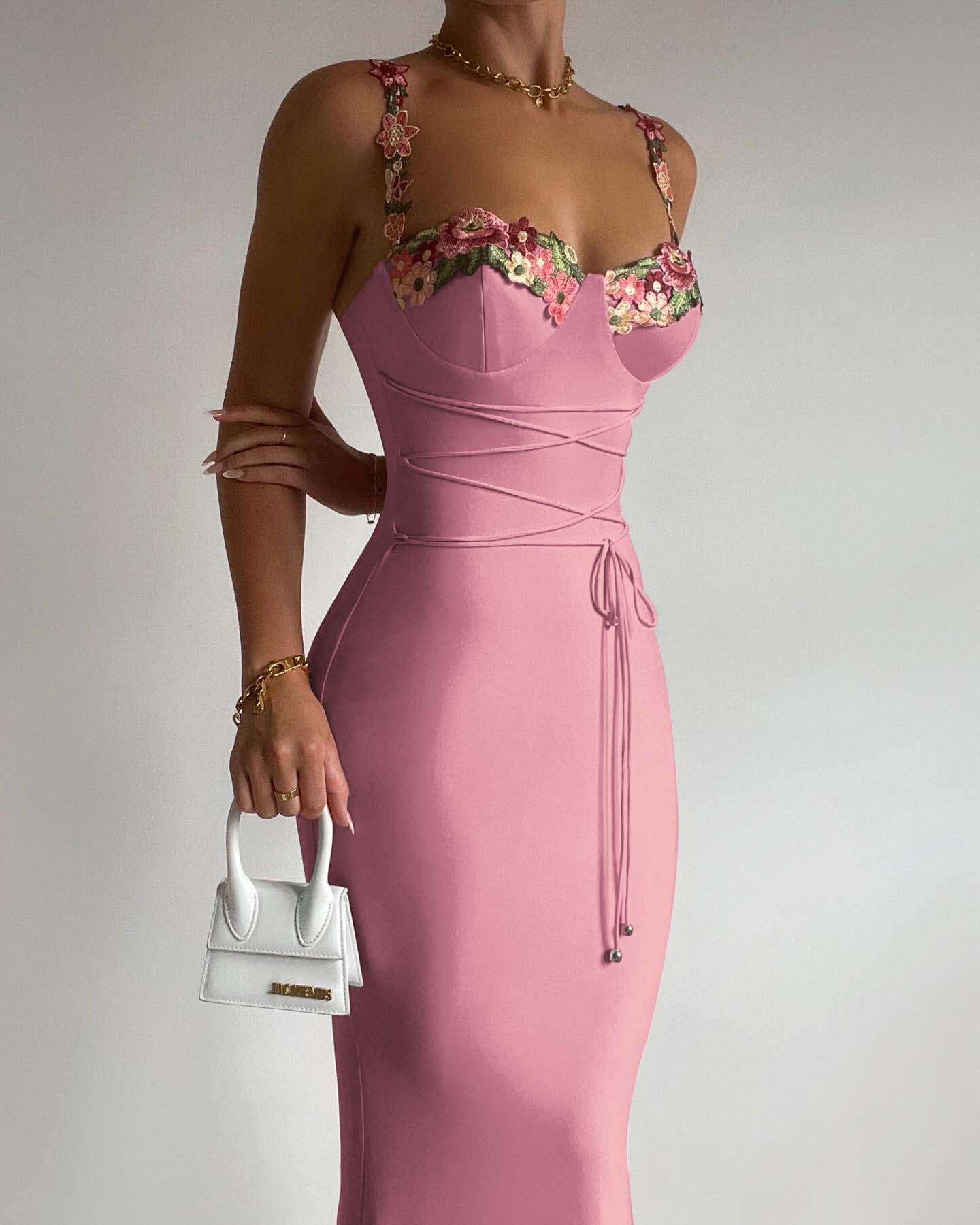 Elegant Customizable Pink Floral Sling Sheath Wrap Prom Dress