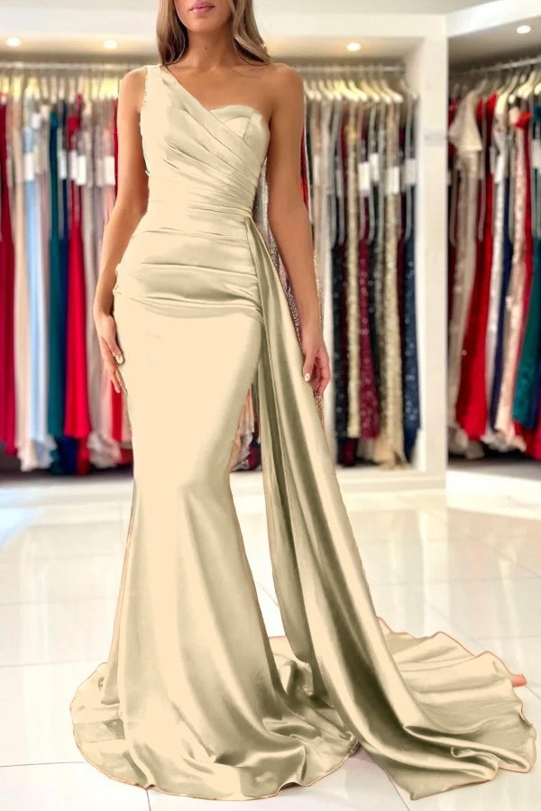 Burnt Orange Sleeveless Mermaid Prom Dress One-Shoulder With Ruffles