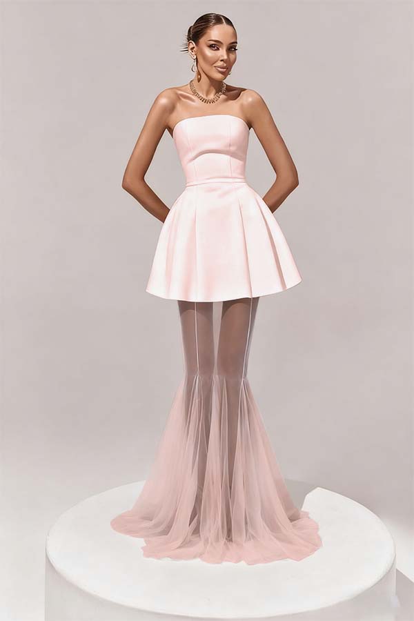 Stunning Black Sleeveless Strapless Prom Dress with Removable Hem