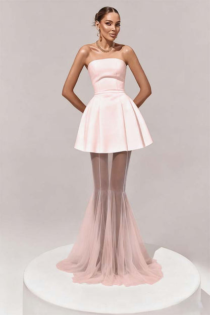 Stunning Black Sleeveless Strapless Prom Dress with Removable Hem