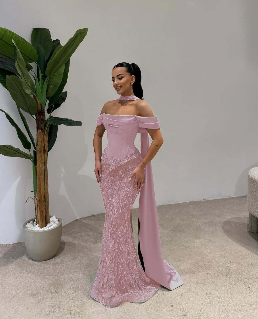 Off Shoulder Beads Mermaid Square Prom Dress With Scarf