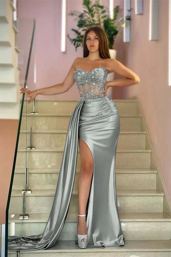 Sky Blue Sweetheart Sleeveless Mermaid Evening Dress Satin Ruffle with Beads Split