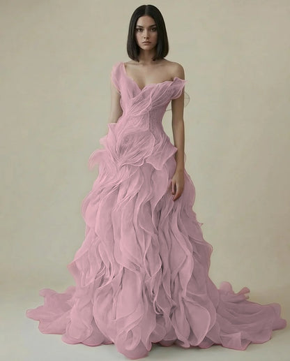 Dreamy Sky Blue V-Neck Pleated Ruffles Long Evening Dress