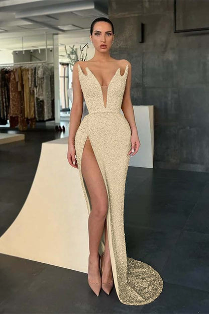 Sleeveless V-Neck Evening Dress Sequins Mermaid With Slit
