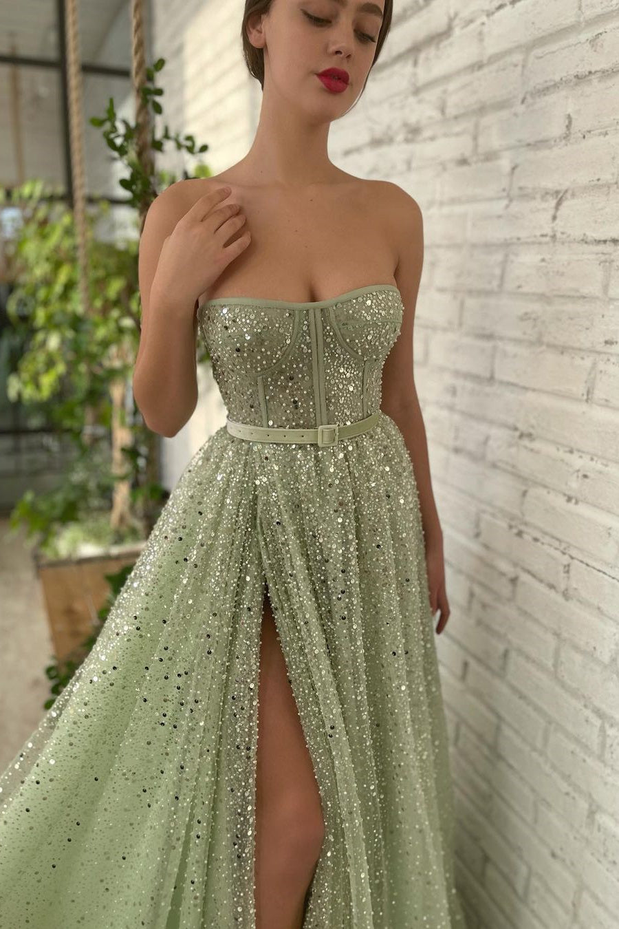 Sage Strapless A-Line Prom Dress High Split Long With Sequins Beads