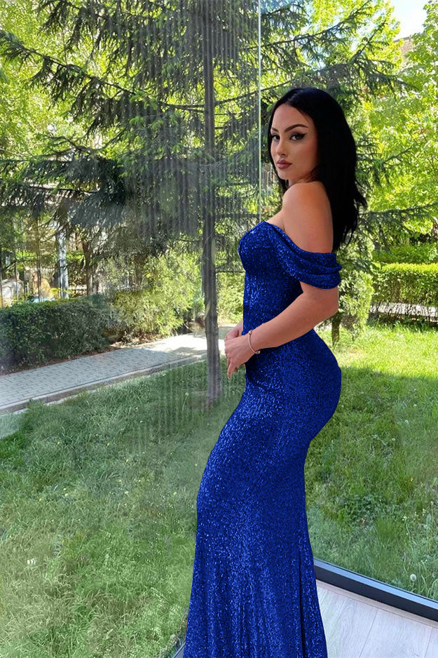 Elegant Split Long sleeves V-Neck Mermaid Prom Dress With Sequins
