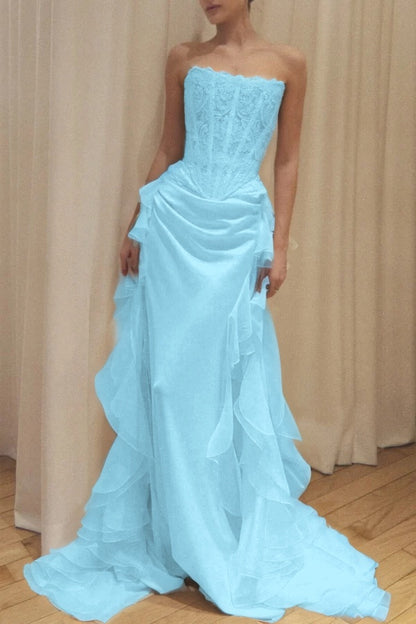 Elegant Ivory Strapless Evening Dress Sleeveless Lace with Train