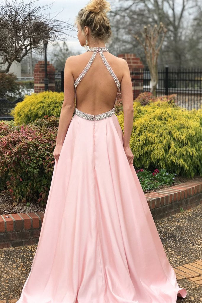 Halter Sleeveless Mermaid Prom Dress Pink With beads