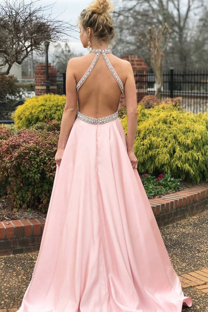 Halter Sleeveless Mermaid Prom Dress Pink With beads