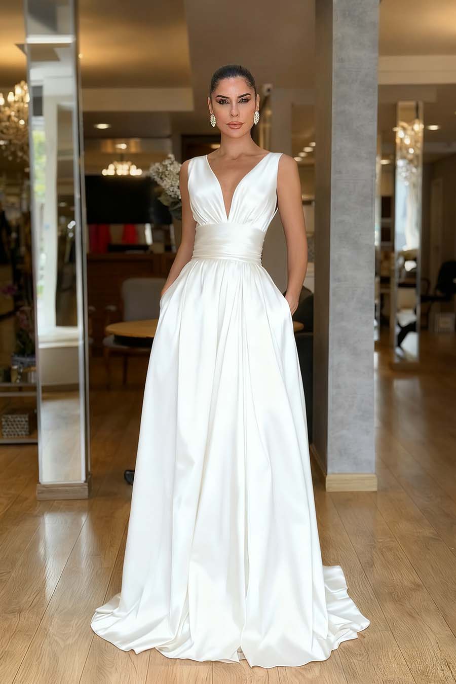 Chic Red Satin Spaghtti Strap Sleeveless V Neck Long Prom Dress with Pleated