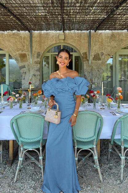 Satin Sleeveless Off-The-Shoulder Long Evening Dress With Pleated