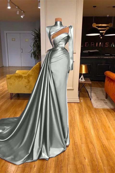 High Neck Long Sleeves Mermaid Prom Dress Beadings With Ruffles
