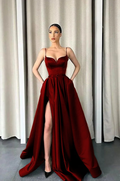Dark Green Spaghetti-Straps A-Line V-Neck Long Prom Dress With Split