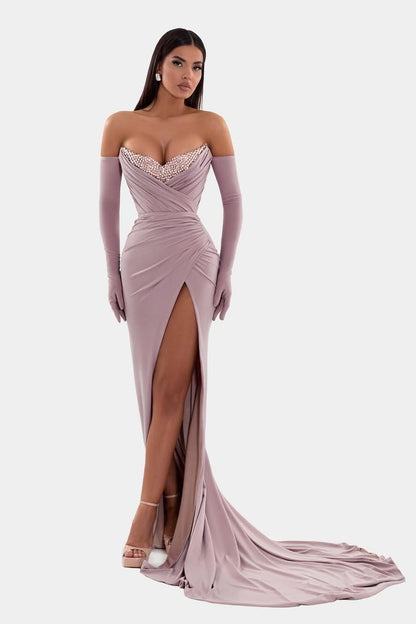 Gorgeous  Wisteria Satin Beaded V Neck Split Slim Prom Dress with Gloves