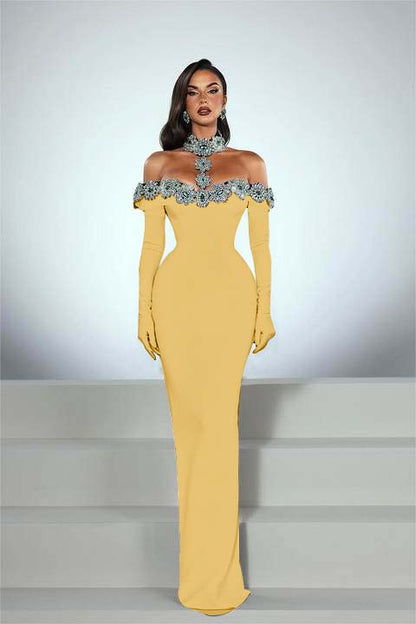 Charming Black Satin Long Sleeves Off the Shoulder Prom Dress with Beadings
