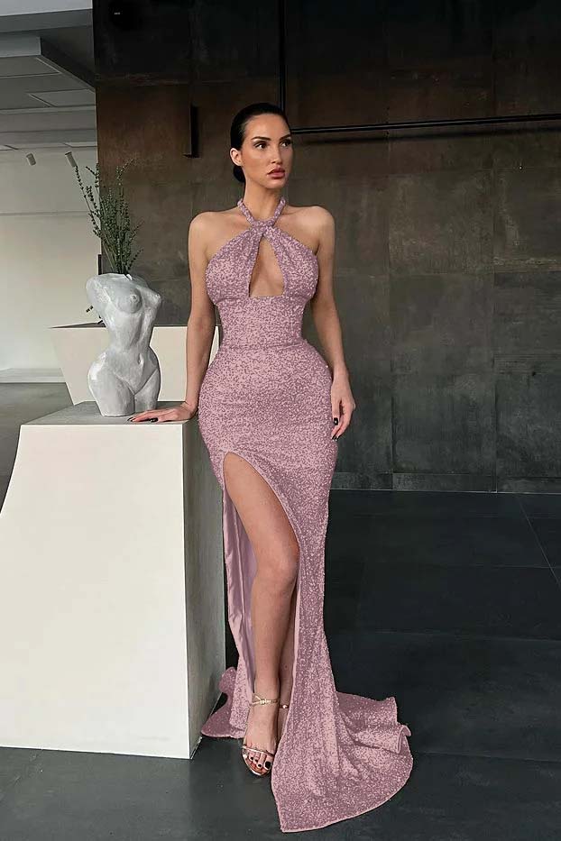 Sleeveless Halter Long Sequins Mermaid Evening Dress With Slit