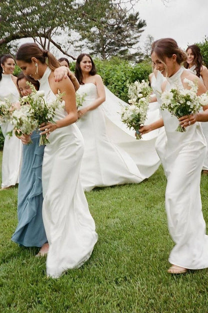 Simple Sheath Halter White Satin Open Back Evening Dress Bridesmaid Dress SH2694