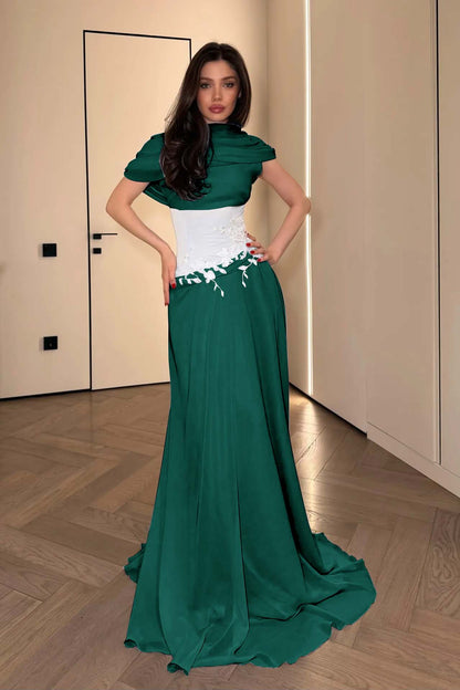 Stunning Chiffon Pleated Embroidery Evening Dress with Draped Shawl Neck