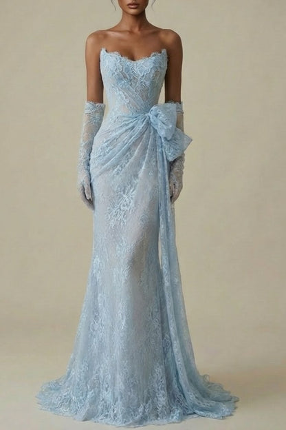 Elegant Sky Blue Sleeveless Mermaid Evening Embroidery Dress With Gloves