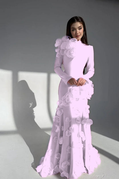 Elegant Long Sleeves Long Evening Dress With Handmade Flower