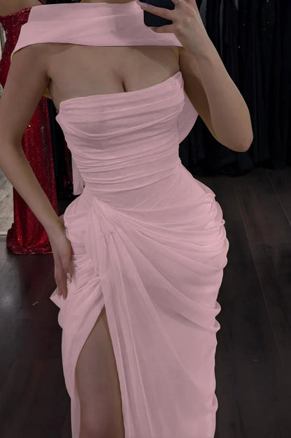 Elegant Yellow Sleeveless Strapless Split Long Evening Dress With Scarf