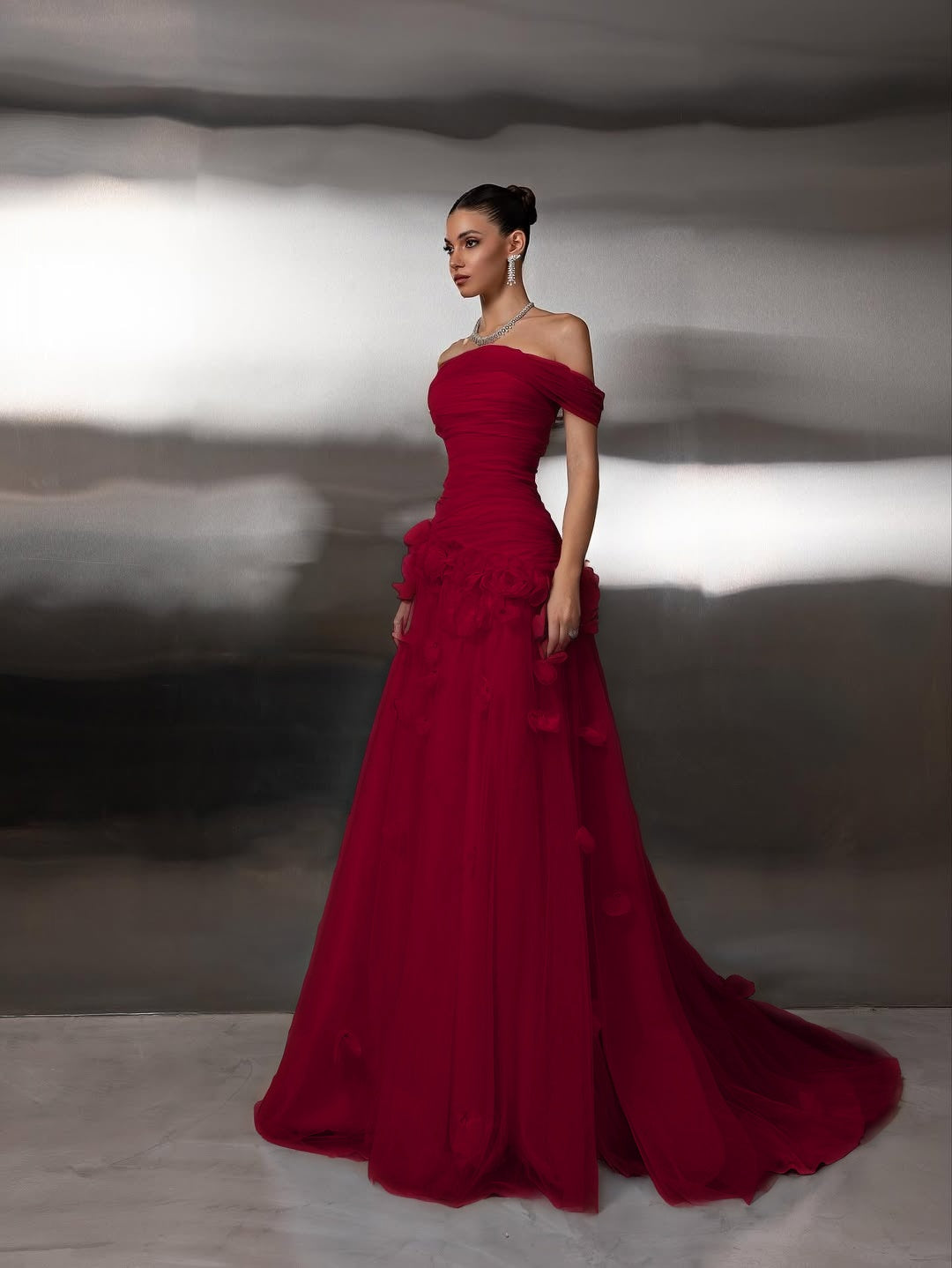 Off Shoulder Sleeveless A-Line Handmade Flower Prom Dress